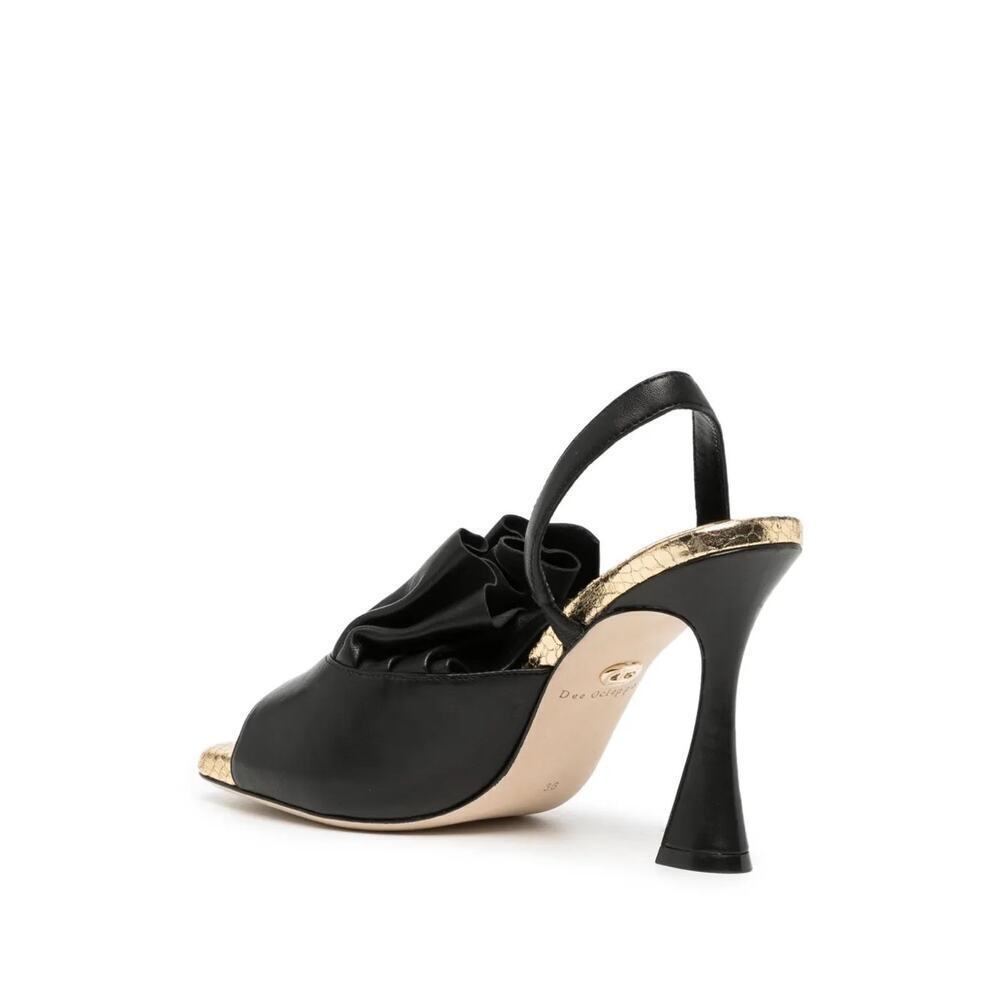 Dee Ocleppo Flutter Leather Ruffle Black Gold Open Toe Slingback Heel Size 10 - Picture 2 of 13